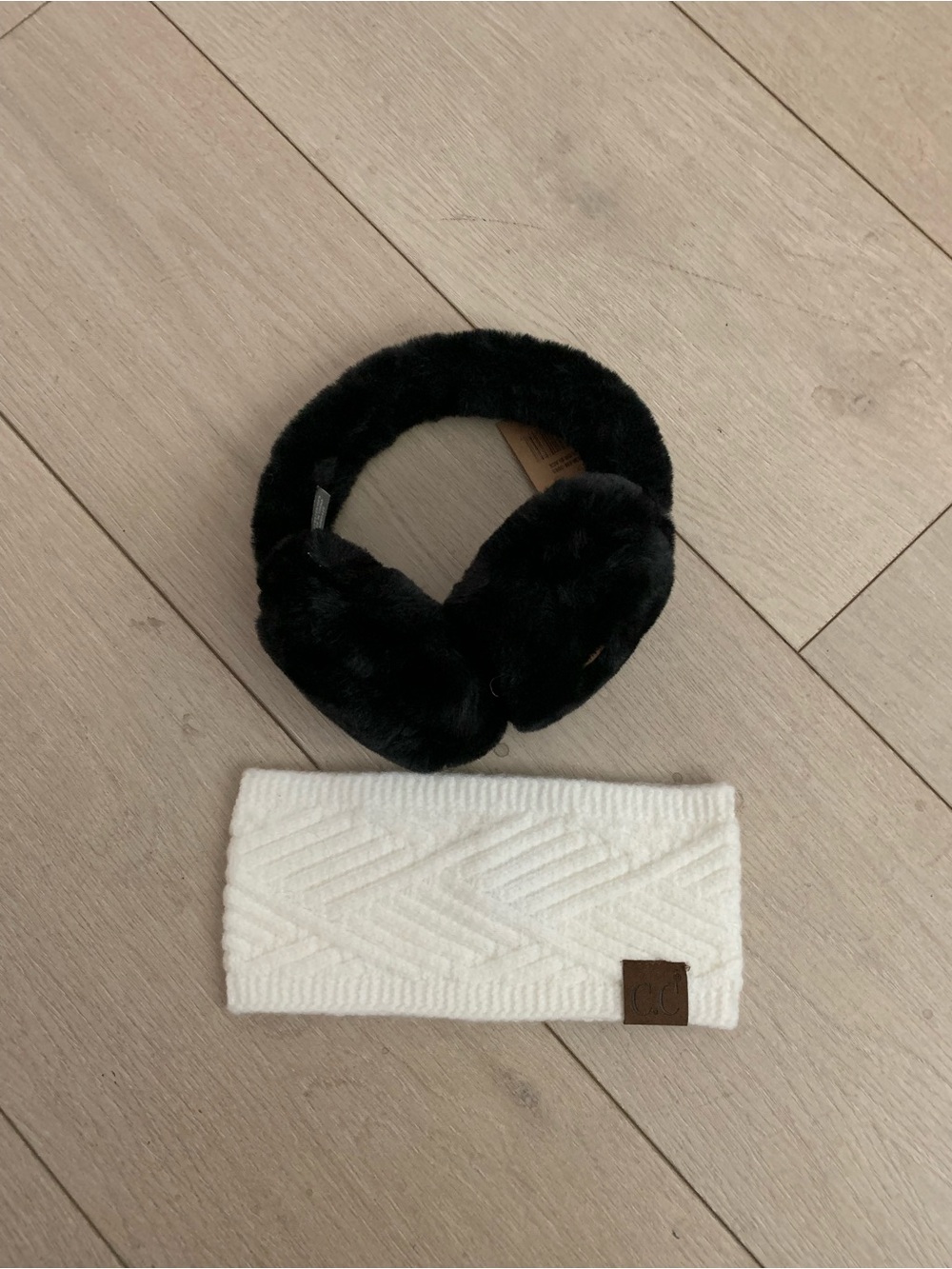 C.C Black Faux Fur Earmuffs with Cream Knit Headband